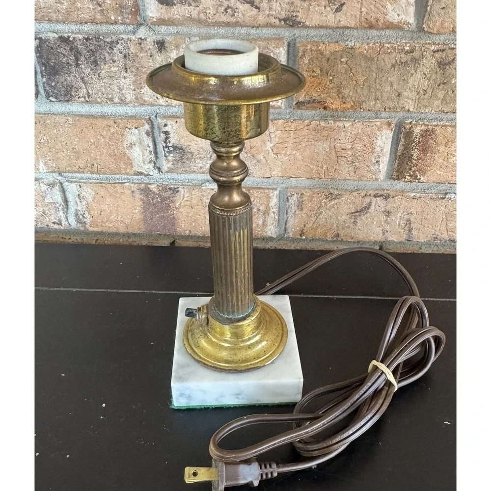 Vintage Brass Column w/ Marble Block Base‎ Lamp Art Deco 1930s